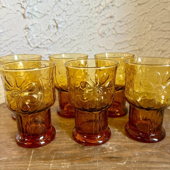 Libbey Other - Vintage Amber Glass Goblets Set of 6 Floral Pressed Glass Mid Century A